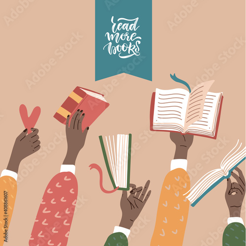 Many raised black hands holding books. Education, training, book lovers club infographic . An African American character studing. Vector flat illustration
