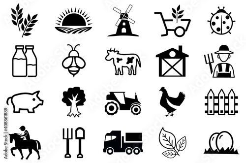 Set of Farm Vector Icon. Agriculture Symbol. Contains Icons as farmer, plant, tractor, cow, egg, chicken, bee, horse, pig and more. editable file