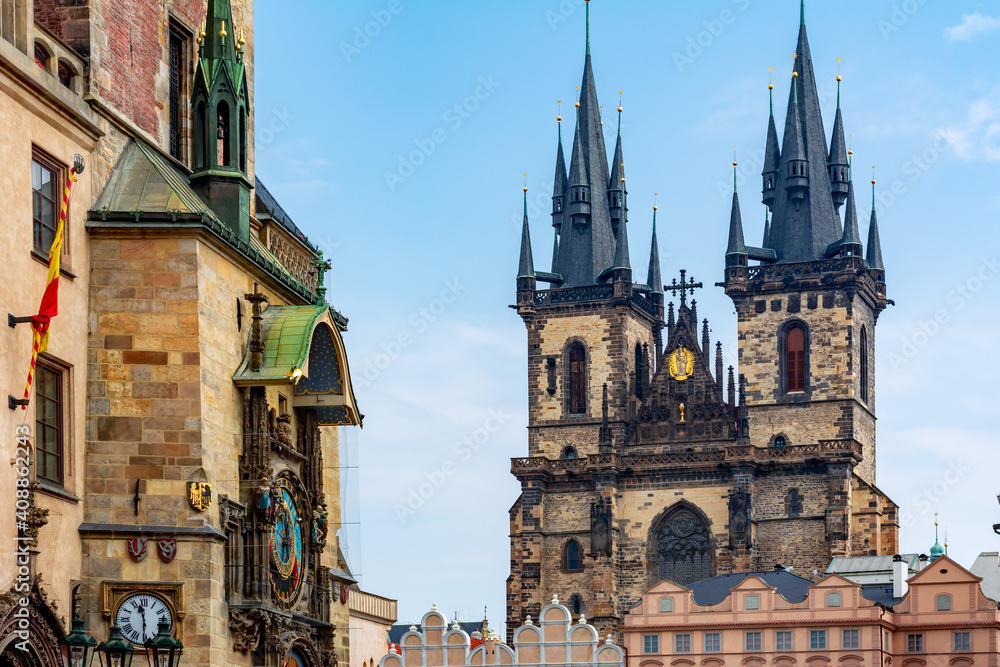 Church of Our Lady before Tyn and Astronomical clock on Old town square in Prague, Czech Republic
