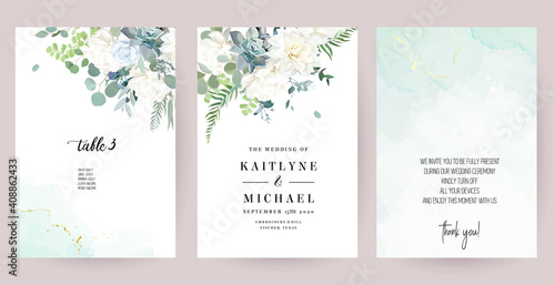 Silver sage green, mint, blue, white flowers vector design spring cards