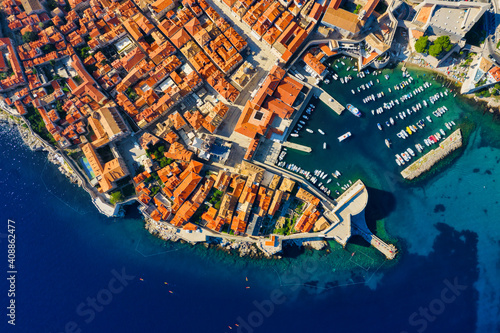 Dudrovnik, Croatia. Aerial view on old town. Vacation and adventure. Town and sea. Top view from drone at old castle and blue sea. Travel image
