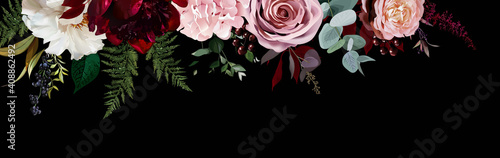 Elegant dark banner, arranged leaves and flowers