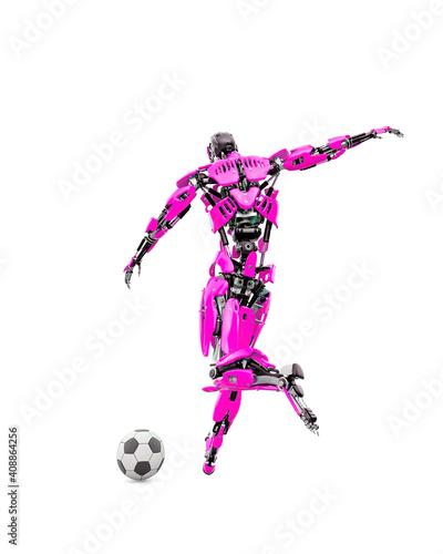 master cyber robot is kicking the football ball rear view © DM7