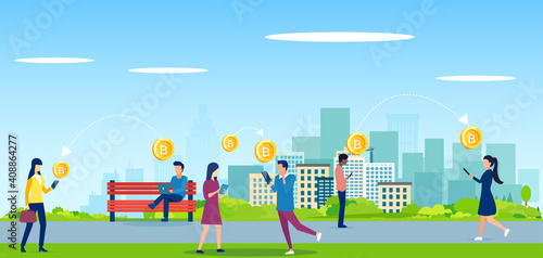 Vector of people using mobile app gadgets, smart phones to transfer crypto currency