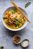 Indonesian laksa with prawns, bean sprouts and crispy shallots