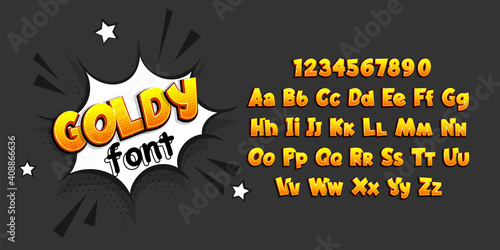 Golden glossy comic book pop art superhero font. Comic text alphabet collection. Bold comics book font with halftone shadow. Speech bubble for text.