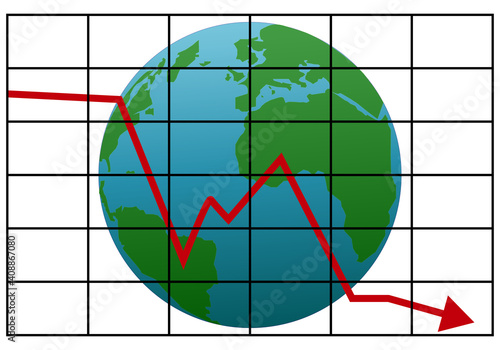 Gráfico de economía con flecha roja descendente sobre el planeta Tierra. Crisis económica financiera internacional