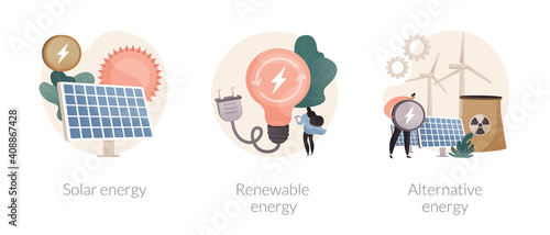 Alternative source of electricity abstract concept vector illustration set. Solar energy, renewable sources, solar panels, wind turbine, eco green house, save natural resources abstract metaphor.