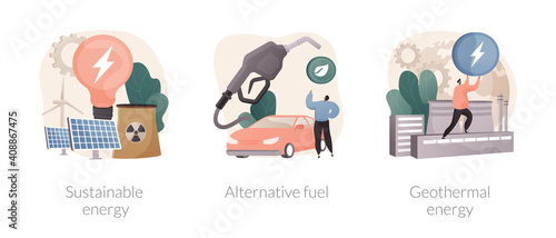 Smart green energy abstract concept vector illustration set. Sustainable energy, alternative fuel, geothermal system, renewable sources, wind turbine, solar panels, heat pump abstract metaphor.