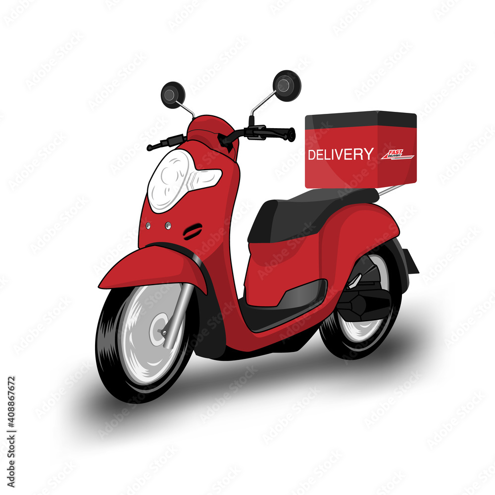 Red scooter delivery service isolated on white background, vector illustration