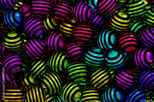 Plastic colored balls with shiny stripes, colorful background filled with spheres, beautiful abstract illustration, 3d rendering