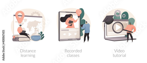 Online education abstract concept vector illustration set. Distance learning, recorded classes, video tutorial, watching webinar, podcast courses, elearning tutorial, online degree abstract metaphor.