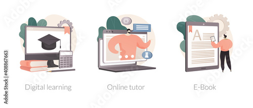 Distance education abstract concept vector illustration set. Digital learning, online tutor, read a book, home school, video call, watch webinar, download e-book, homework abstract metaphor.