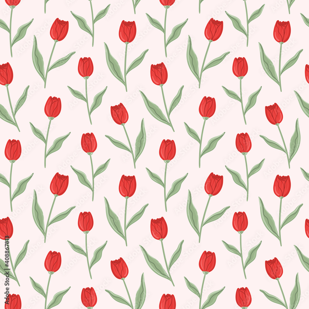Obraz premium Red tulips vector seamless pattern. Hand drawn spring flower background