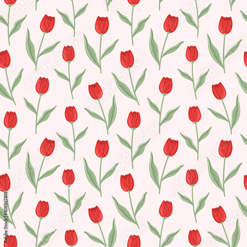Red tulips vector seamless pattern. Hand drawn spring flower background
