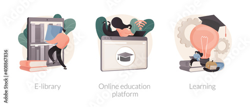 Elearning courses abstract concept vector illustration set. E-library, online education platform, learning, ebook reader, webcam conference at laptop screen, study skills abstract metaphor.