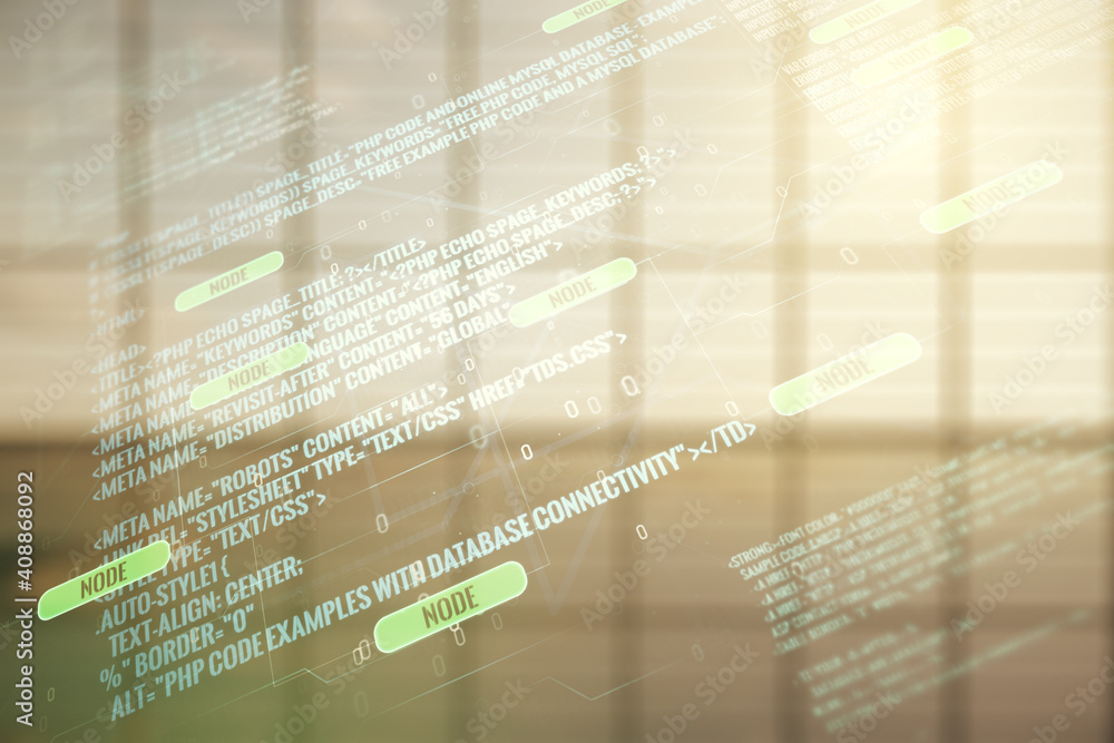 Multi exposure of abstract graphic coding sketch on modern interior background, big data and networking concept Multi exposure of abstract graphic coding sketch on modern interior background, big data and networking concept