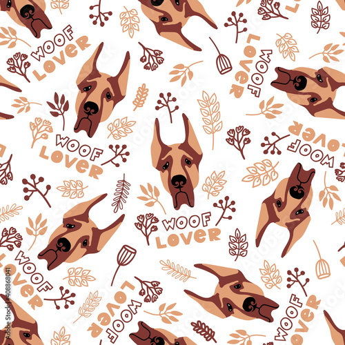 Vector seamless pattern with Great Dane, plants and lettering 'Woof Lover' on white background. Cute dogs illustration for fabric, textile, background, wallpaper