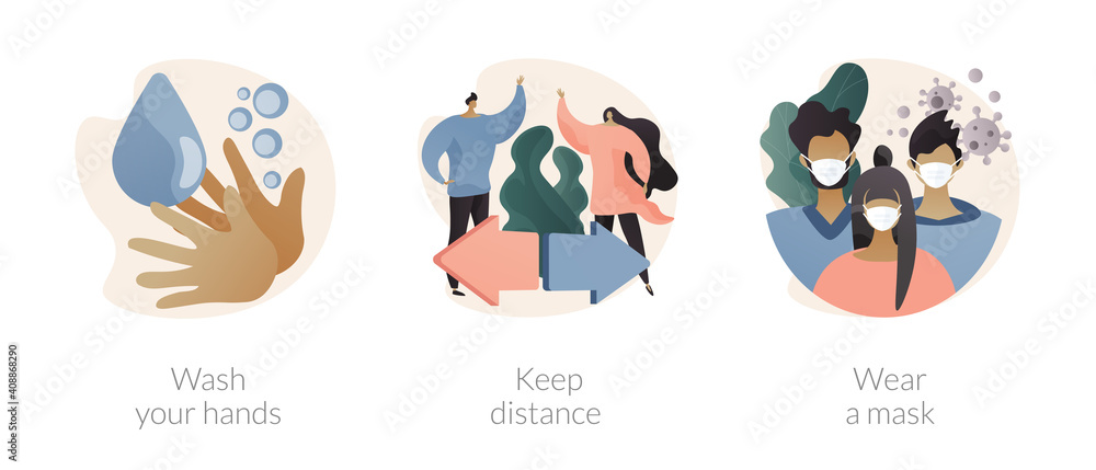 Prevent coronavirus spread abstract concept vector illustration set. Wash your hands, keep distance, wear a mask, virus exposure risk, social distancing, personal protection abstract metaphor. Prevent coronavirus spread abstract concept vector illustration set. Wash your hands, keep distance, wear a mask, virus exposure risk, social distancing, personal protection abstract metaphor.