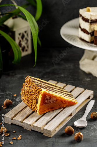 Deliciouse cake with chocolate cream, hazelnut and caramel dressing on the miniature wooden pallet. Traditional hungarian Dobos cake.
