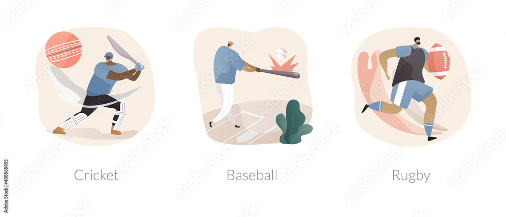 Team sport abstract concept vector illustration set. Cricket, baseball and rugby, playground field, play ball, sport game, world cup league, athletic stadium, sports betting abstract metaphor.