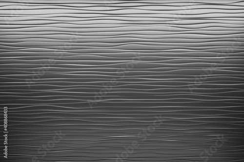 Elegant luxury bright silver stripy metallic background, stainless steel curve shapes. Abstract pattern with metal waves, 3d rendering
