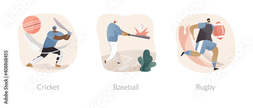 Team sport abstract concept vector illustration set. Cricket, baseball and rugby, playground field, play ball, sport game, world cup league, athletic stadium, sports betting abstract metaphor.