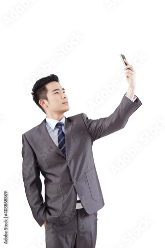 Business people use mobile phone self-timer