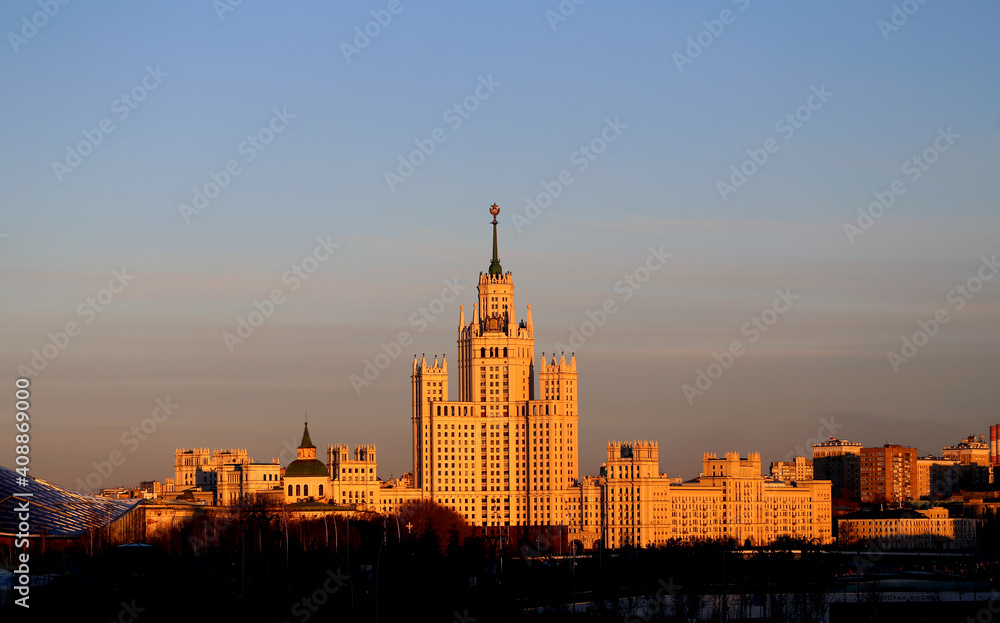 Photo of a Soviet high rise illuminated by the sun