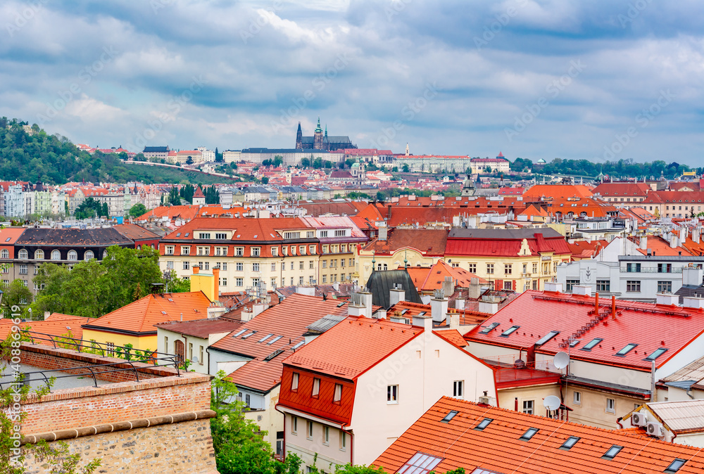 Prague cityscape with Prague castle on top seen from Vysehrad (Upper Castle), Czechia