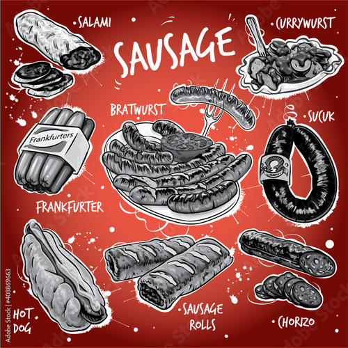 Hand drawn grayscale vector illustration set of various sausage products.