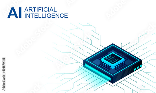 Isometric Artificial intelligence web banner. 3D isometric illustration of a processor chip. The process of data processing. Developments in modern technologies.