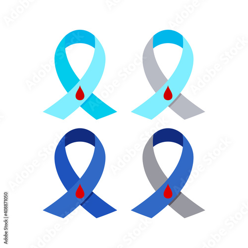 Diabetic awareness ribbon set isolated on white background. Grey and blue ribbon with blood drop and without as symbol of diabetes Type 1. Flat design cartoon style health care vector illustration.
