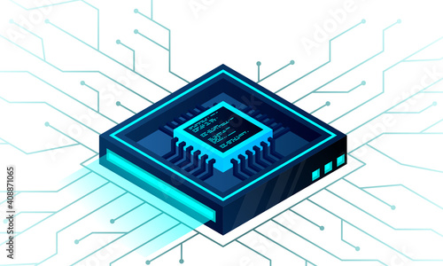 Isometric Artificial intelligence web banner. 3D isometric illustration of a processor chip. The process of data processing. Developments in modern technologies.
