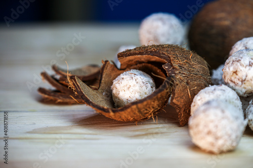 ice cream sweet balls in the style of raffaello and bounty