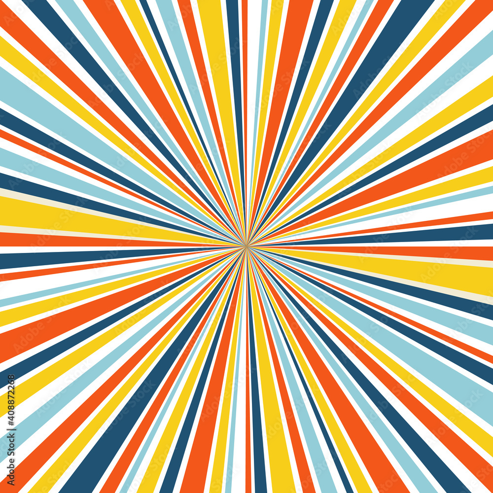 Abstract background with rays in retro colors. 1960s retro hippie style illustration. Design for poster, cover, card, banner, t-shirt, textile. Abstract background with rays in retro colors. 1960s retro hippie style illustration. Design for poster, cover, card, banner, t-shirt, textile.