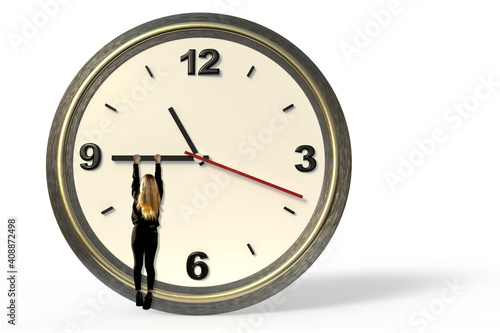 Eine junge Frau hängt an einem Zeiger einer sehr großen Uhr isoliert auf weißem Hintergrund