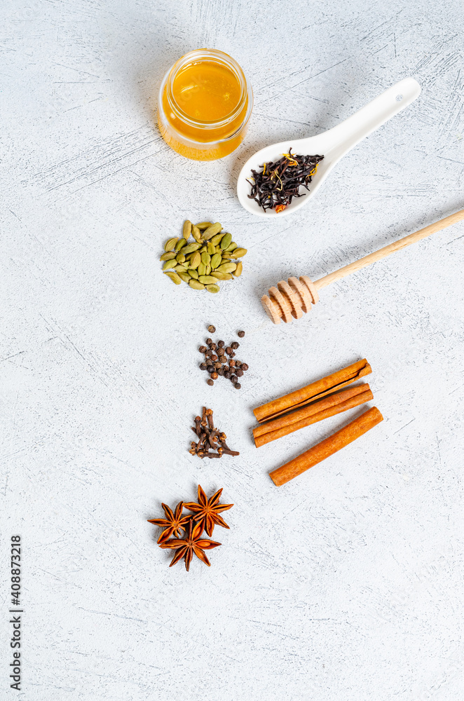 Fototapeta premium Ingredients for making indian traditional masala tea drink.