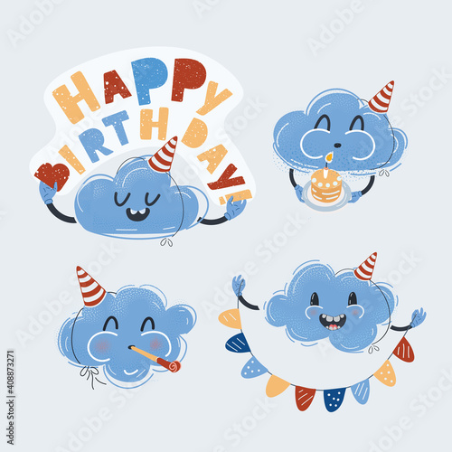 Vector illustration of Birthday element card. Funny Cloud caracter celebrate collection on white backround.