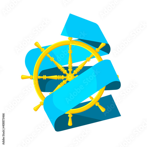 Vector cartoon isolated metaphor illustration with vintage gold steering wheel. White background with blue folded ribbon. Concept management, path, direction movement, correct choice, strategy.