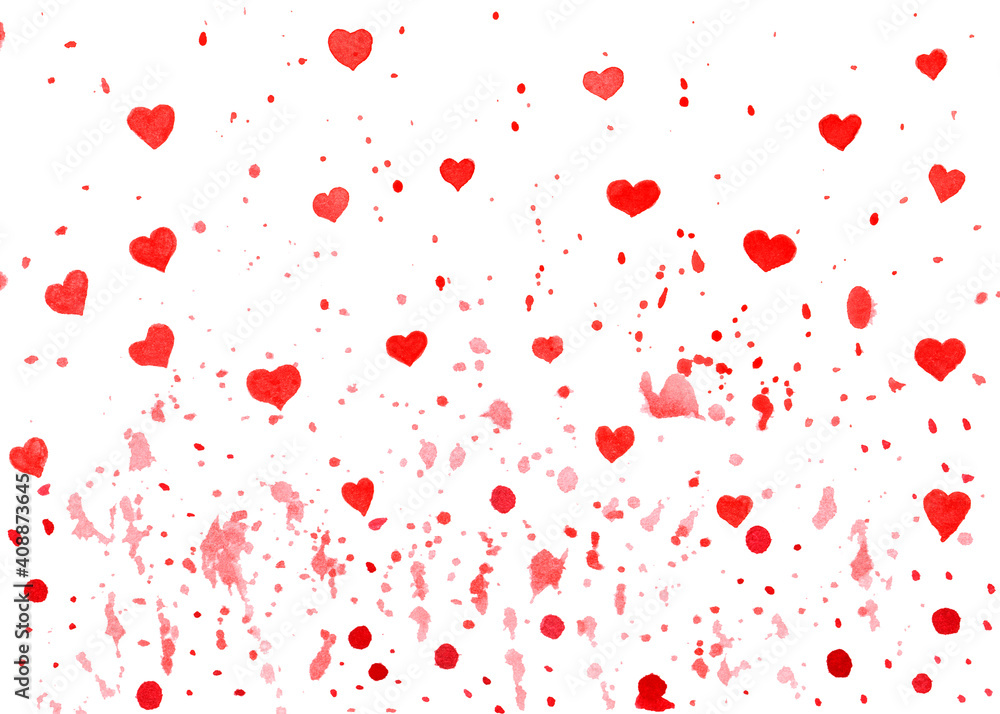 Abstract watercolor background of red hearts with splashes of ink. For Valentine's cards and design. Love symbol. Valentine's Day.