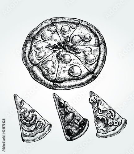 Sliced pizza with mozzarella and basil, assorted pizza slices with different ingredients. Vector ink hand drawn illustration. Menu, signboard template.