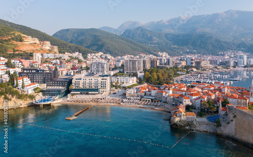 Budva. Montenegro. View of the city from above. Aerial photography. Dawn.