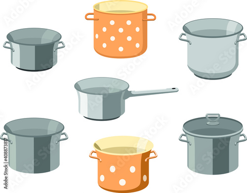 Pans pots. Kitchen pan objects, cartoon kitchenware tools collection for cooking, vector illustration of elements for boiling and frying isolated on white 