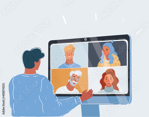 Vector illustration of man have conference online on white backround.