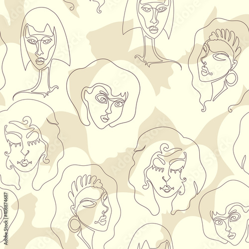 One line seamless pattern with woman faces