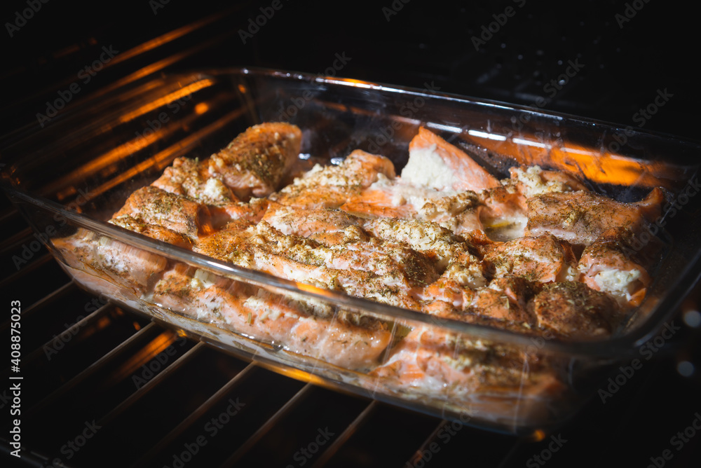 Fried salmon in the oven close-up