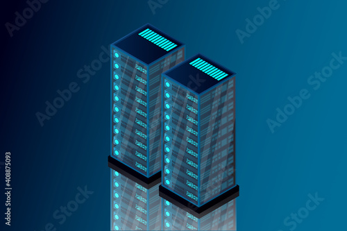 Isometric server room. Futuristic technology of data protection and processing. Mainframe, powered server, high technology concept, data center. Vector illustration