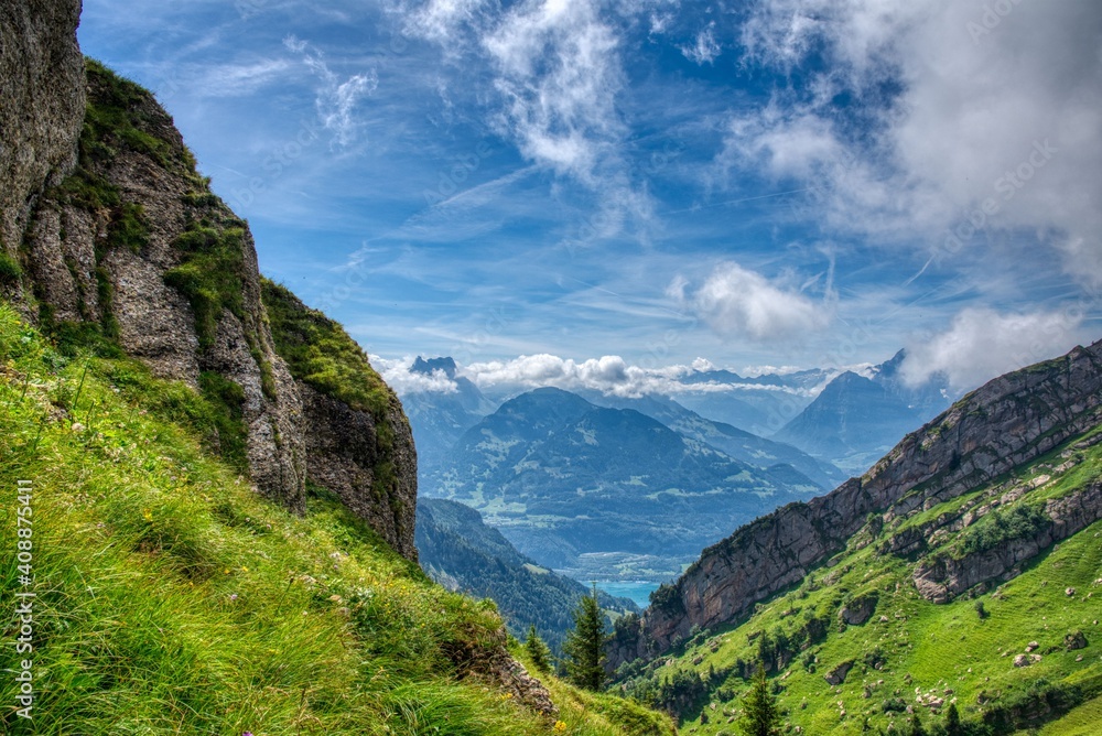 Naklejka premium hike in the swiss nature and mountain region of Speer, Federispitz, Chuemettler, Grappehorn