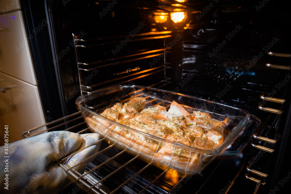Fried salmon in the oven close-up Fried salmon in the oven close-up